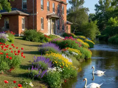 A riverside theatre building in a small town with a garden and swans on the river.