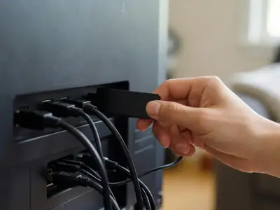Close-up of a hand plugging a small plain streaming stick into the HDMI port on the back of a flat-screen TV.