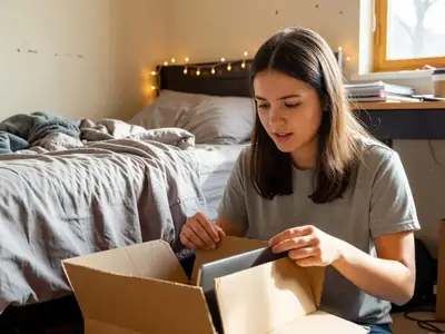 A university student unboxing a laptop in her residence room.