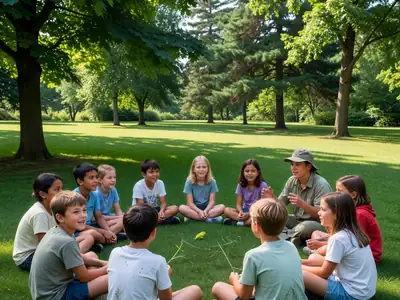 Kids at a summer day camp sitting in a circle on the grass with a counsellor.