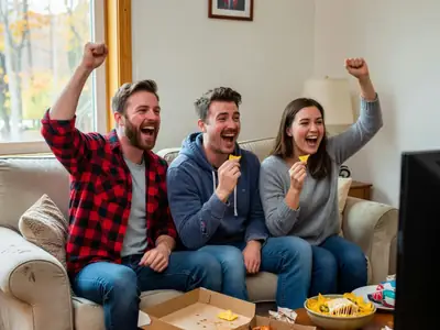 Friends cheering on a sofa during a football game with wings and nachos.