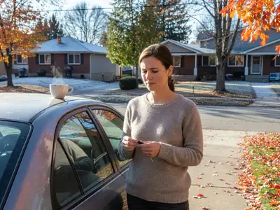 A woman at her car door in a driveway looking at her car keys thoughtfully.