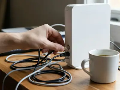 A hand plugging an ethernet cable into a plain white modem on a desk.