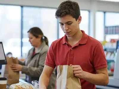 A teenager working his first job bagging groceries at a supermarket checkout.