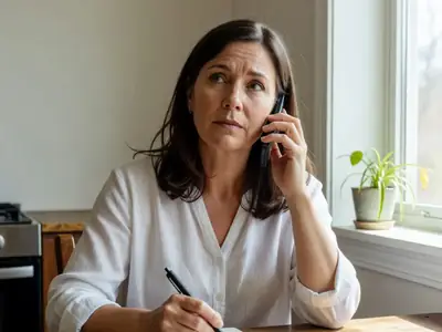 A woman at her kitchen table on a call, thinking with a pen and a notebook closed in front of her.