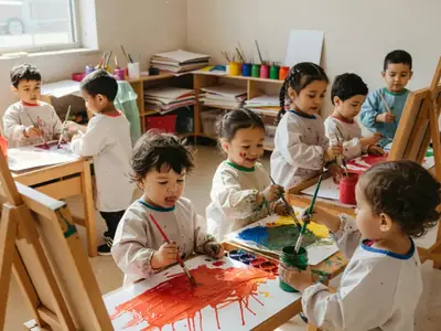 Preschoolers painting at easels in a bright child care room.