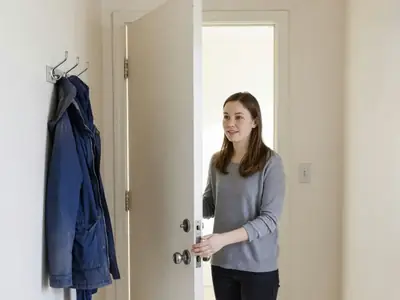 A young tenant holding her apartment door open and speaking calmly to someone in the hallway.