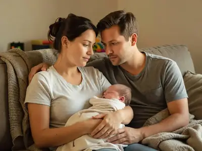 A young couple sitting on their living room sofa holding their sleeping infant, looking at each other thoughtfully.