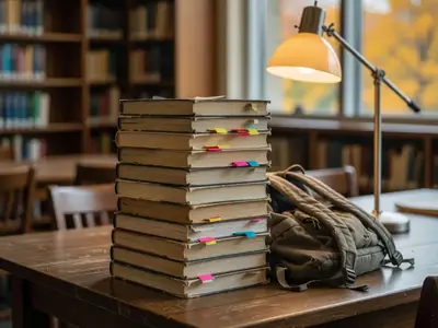 A tall stack of thick used university textbooks with plain worn covers next to a backpack on a library table.