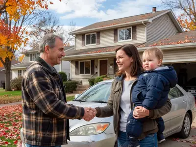 A couple in their thirties picking up a used family car from a private seller in a driveway, shaking hands.