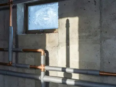 Exposed copper water pipes wrapped in grey foam insulation along a basement wall near a small window frosted over.