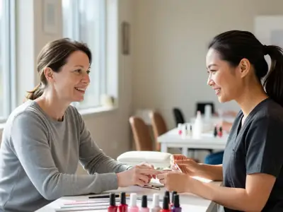 A client chatting with a nail technician at a nail salon table.