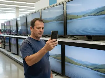 A man in an electronics store aisle holding up his smartphone beside a row of large televisions on display, comparing prices.
