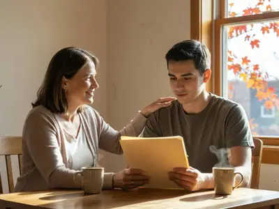 A university student and his mother sitting at a dining table, the mother smiling and patting his shoulder while he holds a closed plain folder.