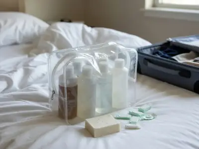A clear toiletry bag with refillable travel bottles and solid shampoo and toothpaste tabs on a hotel bed.