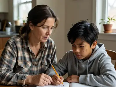 A tutor helping a middle-school boy with math at a dining table.