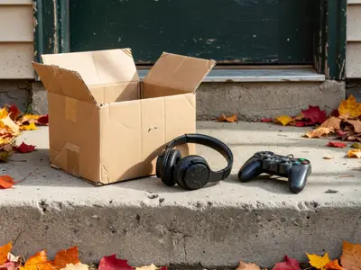 A plain parcel with a pair of headphones and a gaming controller unboxed on a front step.