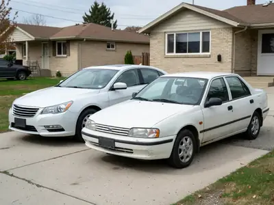 A brand-new car and a ten-year-old car parked next to each other in a driveway.