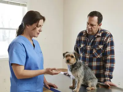 A vet discussing treatment options with a dog owner in an exam room, the owner nodding.