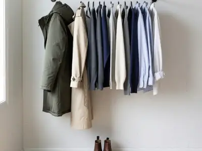 A minimalist capsule wardrobe on an open rail, a parka, a trench coat, sweaters and a few shirts.