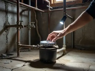 A hand lifting the lid of a water meter in a basement while all the taps are off.