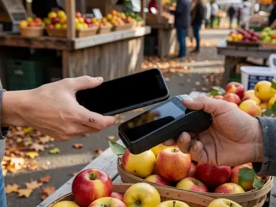 Close-up of a hand tapping a phone on a payment terminal at a farmers' market stall with baskets of apples.