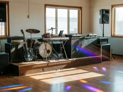 A live band's instruments set up on a small stage next to a DJ booth at a wedding.