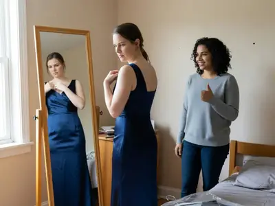 A woman trying on a rented formal gown in front of a mirror while her friend nods approvingly.