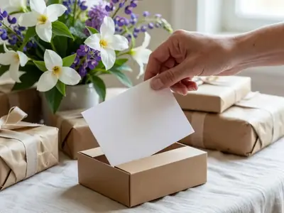 A hand slipping a plain white card into a wedding card box on a gift table.