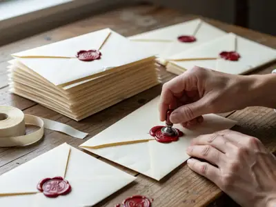 Hands sealing plain cream envelopes with wax seals at a table.