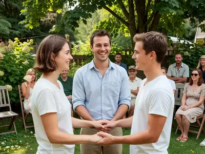 A friend officiating a small garden wedding ceremony, smiling as the couple holds hands.