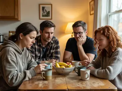 Four housemates sitting around a kitchen table splitting the cost of the bills, one counting on her fingers.
