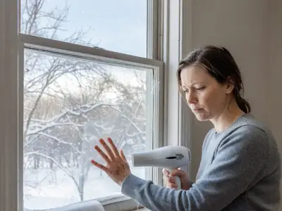 A woman applying clear window insulation film to a window frame with a hair dryer.
