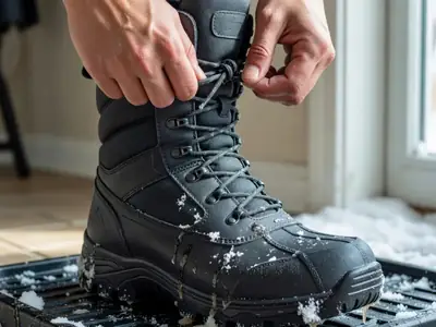 Close-up of a person's hands lacing up a sturdy insulated winter boot with a deep lug sole.