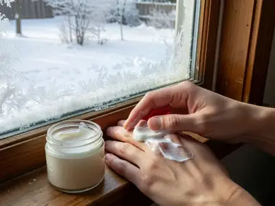 Close-up of a person's hands rubbing moisturising cream into dry knuckles.