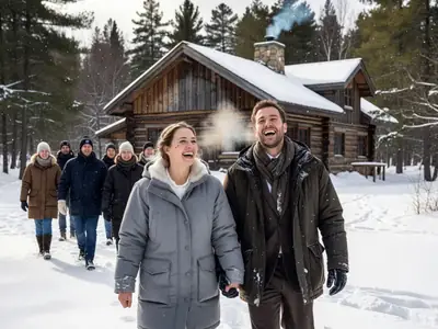 A bride and groom laughing as they walk through a snowy forest clearing in winter coats over their wedding clothes.