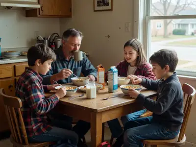 A family of four having breakfast together at a kitchen table on a weekday morning.