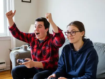 Two young adults playing video games on a couch, one celebrating.