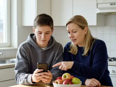 A teenage boy and his mother sitting side by side at a kitchen island, the teen holding a smartphone and the mother pointing at it and explaining something.